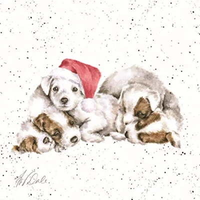 Image of Wrendale Designs Festive Dog Print on White Square Canvas 20 Centimetre A Puppy