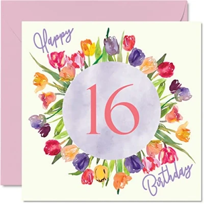 Image of Beautiful 16th Birthday Cards for Women Watercolour Tulips Flowers Bouquet Happy Card Her Daughter Granddaughter Sister Gifts, 145mm x Lovely Floral Greeting Gift