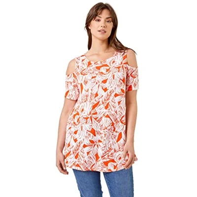 Image of Roman Curve Womens Leaf Print Cold Shoulder Jersey Top Orange Viscose Size UK 30 32