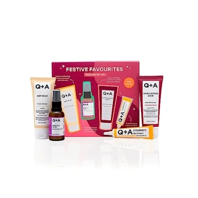 Image of Q+A Festive Favourites Gift Set, containing a Hyaluronic Acid Moisturiser (75ml), an Oat Milk Cream Cleanser Azelaic Serum (30ml), and Caffeine Eye (15ml)