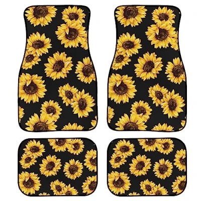 Image of Sunflower Car Floor Mats Set of 4,Cute Yellow Flowers on Black Background Floral Vehicle Front Rear Carpets Universal Rugs Non Slip Auto Accessories for SUV Van Truck