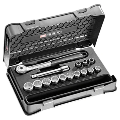 Image of Facom 1/2 inch Socket Set with 12 Metric Sides, 15 Pieces S.151 1P12 Box Mechanical Tools 1 Ratchet, 13 sockets, Extension Pictogram Board, and Tray