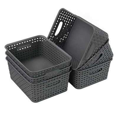 Image of Gloreen 6 Packs Gray Storage Basket, Small Plastic Weave Baskets