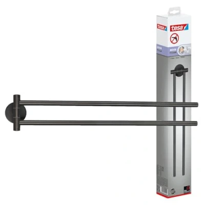 Image of tesa Moon Porte Serviettes 2 Bras en Graphite Brossé Autocollant Métal, Revêtement PVD sans Perçage avec Solution Adhésive 84 mm x 50 456
