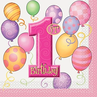 Image of Unique Party 23882 Pink Balloons 1st Birthday Paper Napkins, Pack of 16
