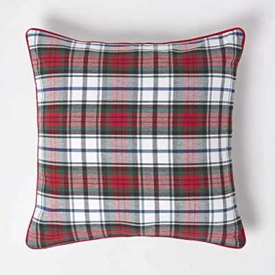Image of HOMESCAPES 100% Cotton MacDuff Tartan Check Large Cushion Cover 60 x cm Square 24 Inches Christmas Red Green White sofa Washable