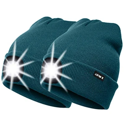 Image of ATNKE 2Pcs New Warm LED Lighted Beanie Cap Unisex USB Rechargeable Running Hat Ultra Bright 4 Waterproof Light Lamp Multi color (Dark Green, 2PCS)