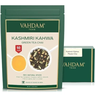 Image of VAHDAM, ​Kashmiri Kahwa Tea Loose Leaf 100g (50 Cups) Indian Masala Chai Green Tea, Cinnamon, Cardamom, Almond, Saffron Spiced Unblended Vacuum Sealed