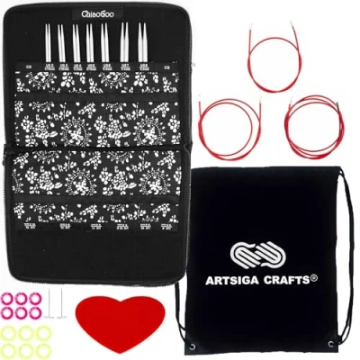 Image of ChiaoGoo Knitting Needles Interchangeable Twist Red Lace Small 5 Inch Needle Set Bundle with 1 Artsiga Crafts Project Bag 7500 S