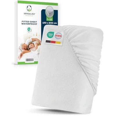 Image of Sensalou Waterproof Fitted Sheet 120x200 cm Mattress Protector With Cotton Surface Leakproof, Silent &amp; Breathable Washable Up to 95 C for Kids, Adults Allergy Sufferers