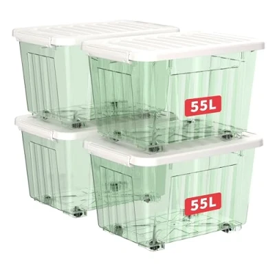 Image of Cetomo 55L*4 Storage Boxes with Wheels, Plastic Box Lid, Latching Buckles, Click Closure, Stackable, Nesting, Durable Organizer for Home Office Clothes, Clear Green, 55L 4 Pack