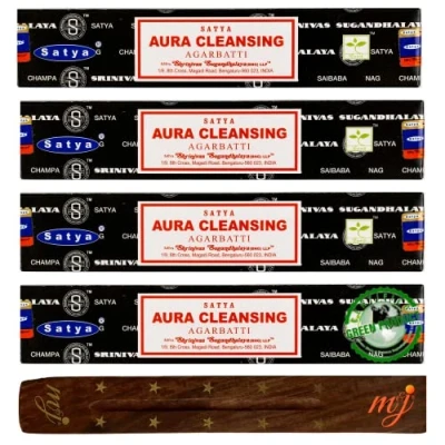 Image of Original Satya Nag Champa Aura Clensing incense sticks with M&amp;J holder x4 pack for Aromatherapy, Spa, Yoga, Weddings, Meditation, Healing, Positivity and Relaxation