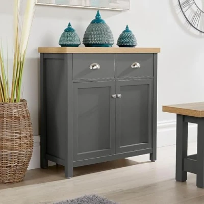 Image of Home Source 2 Door Drawer Sideboard Storage Cupboard with Shelf and Metal Handles, Oak Effect, Dark Grey