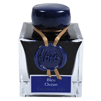 Image of Herbin 15018JT 1670 Anniversary Bottle gold glitter ink for fountain pen, rollerball, glass nib and holder 50 ml, Bleu océan