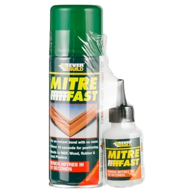 Image of Everbuild Mitre Fast Two Part Instant Bonding Kit, 50g Adhesive &amp; 200ml Activator Ideal for all Cornice and Profile Mitres, Trims Picture Frames