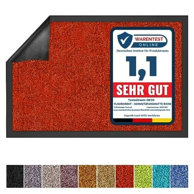 Image of Rhine Dirt Trapper Mat, Absorbent Machine Washable Doormat with Non Slip Backing, Indoor &amp; Outdoor Front Door Mat Barrier Entrance (Red, 60 cm x 90 cm)