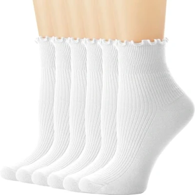 Image of DRESHOW Women Ruffle Frilly Socks Casual Ankle Breathable Cotton Crew Knit for 6 Pack