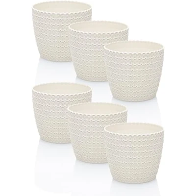 Image of idea station RIBA Flower Pot Set 6 x 11 cm Cream/White Shatterproof Plastic Pots for a Wide Range of Plants, Flowers Matte Planters Indoor and Outdoor Use