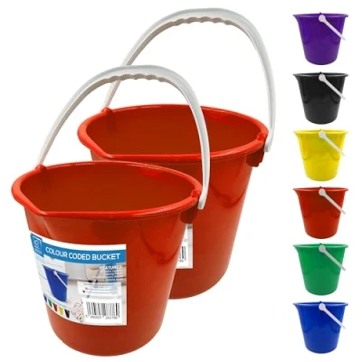Image of Colour Coded Plastic Bucket with Handle, 2 Gallon (7.5L) Household Heavy Duty Spout and Easy Grip Multipurpose Water for Cleaning, Bath, Gardening (Red Pack of 2)
