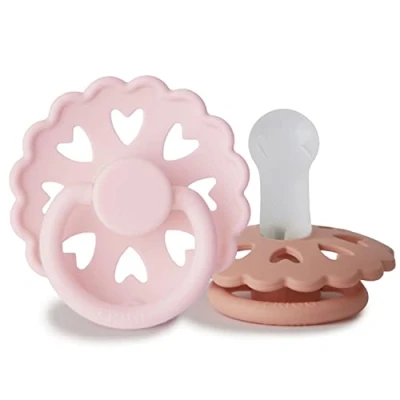 Image of FRIGG Fairytale Silicone Pacifier Pack of 2 Soother Dummy BPA Free Made in Denmark Symmetrical Cherry Shaped Nipple (White Lilac/Pretty Peach (6 18 Months))