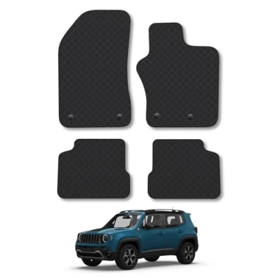 Image of Rubber Car Mats Compatible with Jeep Renegade (2015 2020) Tailored Fit Floor Set Accessory Black Custom 4 Pieces Clips Anti Slip Backing, Heavy Duty &amp; Waterproof