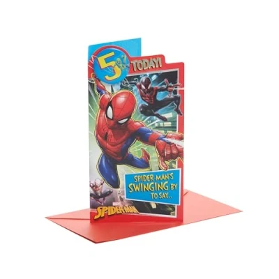 Image of UK Greetings Marvel 5th Birthday Card For Him/Boy With Envelope Badge Design, Spider Man