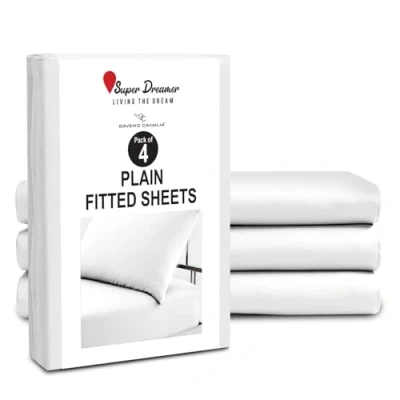 Image of Microfiber Fitted Sheet Double 4 Pack Plain Bed Sheets Deep Pocket 10 inch (25cm) Shrinkage, Fade &amp; Wrinkle Resistant Bottom Washable, Fit to Mattress (137x193 cm) White