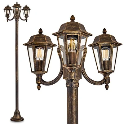 Image of hofstein Natal Outdoor lamp, Candelabra in Antique Look, cast Aluminium Black/Gold with Clear Glass panes, 3 arm Pathway lamp 210 cm, Retro/Vintage Garden E27 Socket, IP44, Without Bulbs