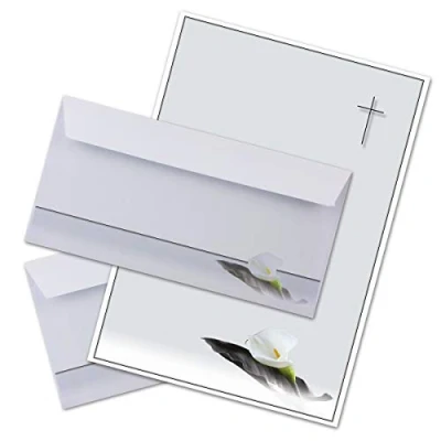 Image of &quot;Mourning Papers by GUSTAV NEUSER&quot; 15 x Set of Mourning Paper DIN A4 + Envelopes Long Motif Flower with Leaf 22 11 cm Printable Condolence for Thank You