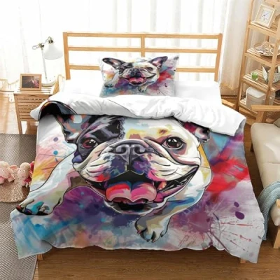 Image of CJURAMTON French Bulldog 3D Duvet Cover Set Comforter Soft Quilt Microfiber Bedding With Pillowcases Zipper for Teens Single（135x200cm）
