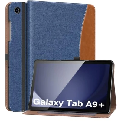 Image of MoKo Case for Samsung Galaxy Tab A9 Plus 11&quot; 2023 (SM X210/SM X216/SM X218), PU Leather Multi Angle Viewing Folding Stand Cover with Hand Strap, Front Pocket, Auto Wake/Sleep, Denim Blue &amp; Brown