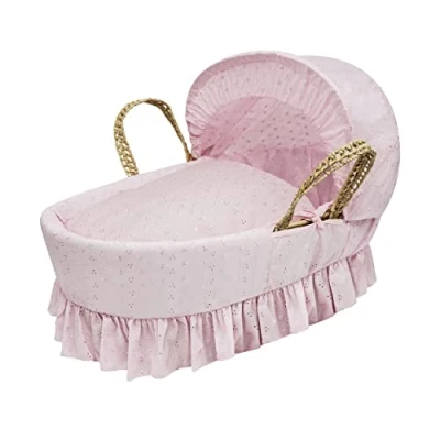 Image of Kinder Valley Broderie Anglaise Pink Moses Basket Bedding Set Dressing Cover and Hood with Quilt, Padded Liner, Body Surround Adjustable (Basket &amp; Fittings not Included)
