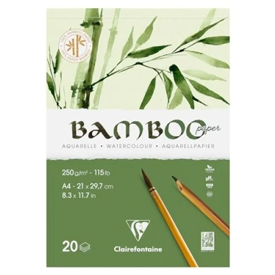 Image of Clairefontaine 975919C Pad Glued 1 Side Bamboo 20 Sheets 100% Natural White Watercolor Paper Vegan Finely Marked Grain Professional Quality A4 21x29.7 cm 250g