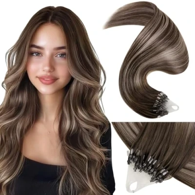 Image of LaaVoo Micro Beads Ring Hair Extensions Balayage Dark Brown to Blonde with Loop 18 Inch 50 Strands 50g Remy Straight Real Human #4/18/4