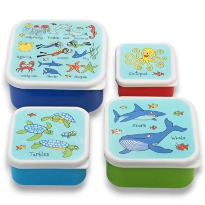 Image of Tyrrell Katz Kids Snack Boxes with Ocean Print Children&#039;s 4 Piece Set Freezer Safe Square Food Storage Containers