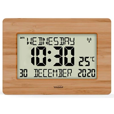 Image of Youshiko Radio Controlled Silent Large LCD Wall Clock (Offical UK Version) Auto Set Up with Day Date Month Helpful for DEMENTIA &amp; ALZHEIMER SUFFERERS (Bamboo Wood)