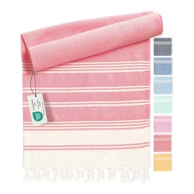 Image of hammam towel beach XXL made from 100% recycled cotton Quick drying Turkish towels, fouta, pestemal towels ideal as a blanket Coral 100x200cm Diamond