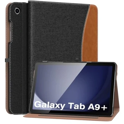Image of MoKo Case for Samsung Galaxy Tab A9 Plus 11&quot; 2023 (SM X210/SM X216/SM X218), PU Leather Multi Angle Viewing Folding Stand Cover with Hand Strap, Front Pocket, Auto Wake/Sleep, Demin Black &amp; Brown