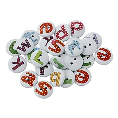Image of Inzopo Pack of 100 Round Shaped Alphabet Painted 2 Hole Wooden Sewing Buttons for Craft