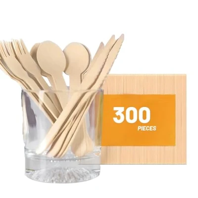 Image of Venuscello® 300 x Disposable Wooden Cutlery Set Biodegradable 100 Forks, Spoons, and Knives Eco Friendly &amp; Compostable for Picnic, Travel Camping