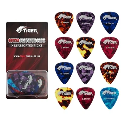Image of Guitar Picks Pack of 12 Celluloid Plectrums Variety Gauges TIGER GAC63