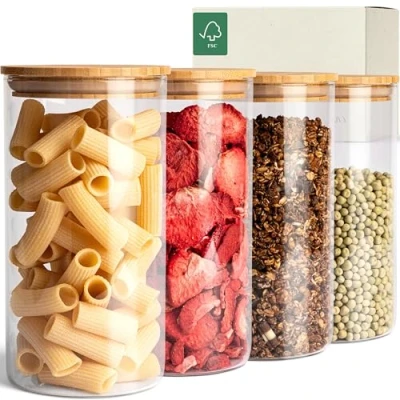 Image of KIVY Storage Jars with Lid, Airtight, 4 x 1200 ml, Glass Airtight Glass, Jar Container, Storage, Wooden Lid