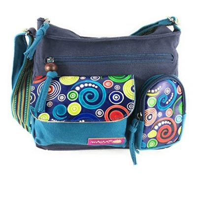 Image of MACHA BAG in cotton and leather inserts with colorful prints,Handbag Shoulder bags For Women Indian Ethnic (Blue)