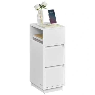 Image of VASAGLE Slim Bedside Tables, Set of 2, Small Narrow Side End Tables with 2 Drawers, 1 Open Compartment Mounted to Face Left or Right, for Bedroom, Living Room, Cloud White LET856W01