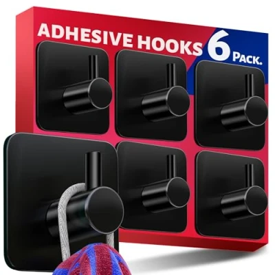Image of Menz Self Adhesive Hooks, Set of 6 Black Stick on Hooks Waterproof, Strong Sticky for Hanging Towels, Bathroom Towel Tea