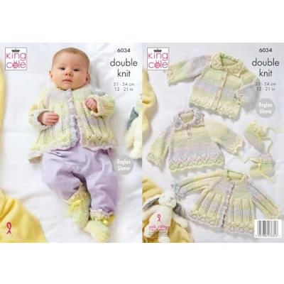 Image of King Cole Double Knit Baby DK Knitting Pattern Overtop Cardigan Matinee Jacket &amp; Bootees (6034)