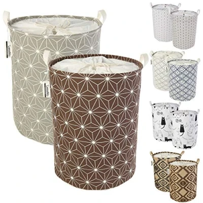 Image of LessMo 2 Pcs 19.7&quot; Laundry Basket, Foldable Basket Storage Sorter, Drawstring Waterproof Closure for Dust proof, Room, Large Cotton and Linen Fabric