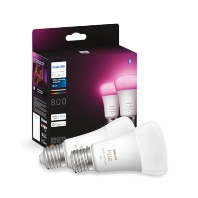 Image of Philips Hue White and Colour Ambiance Smart Light Bulb 2 Pack 60W 800 Lumen [E27 Edison Screw] with Bluetooth. Works Alexa, Google Assistant Apple Homekit