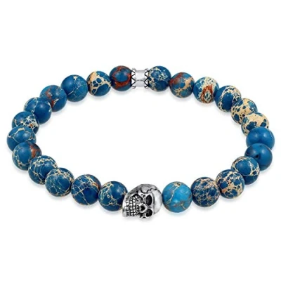 Image of Kuzzoi Buddha 0205930619 Men&#039;s Bracelet with Blue Agate Gemstone Beads and Skull in 925 Sterling Silver Pendant, Yoga Bracelet, Energy Length 19 23 cm, Elastic,, centimeters, Agate,