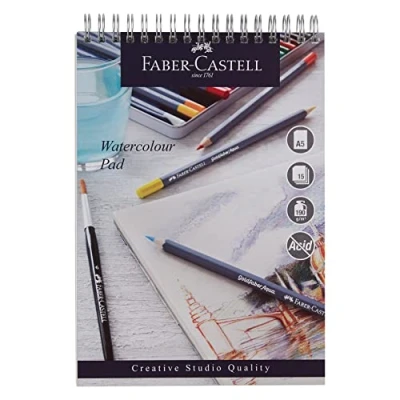 Image of Faber Castell Creative Studio Watercolour Pad, A5, Acid Free Spiral Bound Paper, 190 GSM, 15 Sheets For Paint, Pencils And Markers, Arts, Craft, Home School